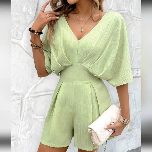Summer Vacation Casual Solid Color Pleated Batwing Sleeve Jumpsuit With Belt - Picture 1 of 5